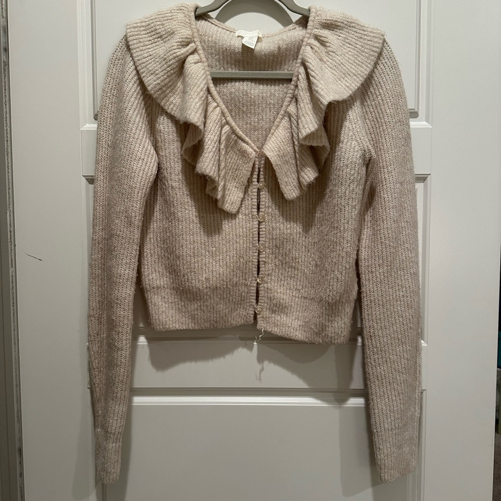 Cream Women's Sweater with Ruffle Collar